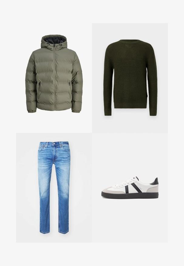 Olive roheline puffer-jakk kapuutsiga, lukuga ja kahe küljetaskuga. Omab tikandit ja elastseid varrukaotsi.; Oliivroheline kootud sviiter ümmarguse kaeluse, pikkade varrukate ja soonikdetailidega. Omab tekstureeritud mustrit ja lõdva istuvust.; Levi's® Sirgete säärtega teksad - always adapt; Valged tossud mustade ja hallide aktsentidega, tekstureeritud halli varbakattega, musta kummitald ja lamedad valged paelad. Puhtad jooned, minimalistlik stiil.