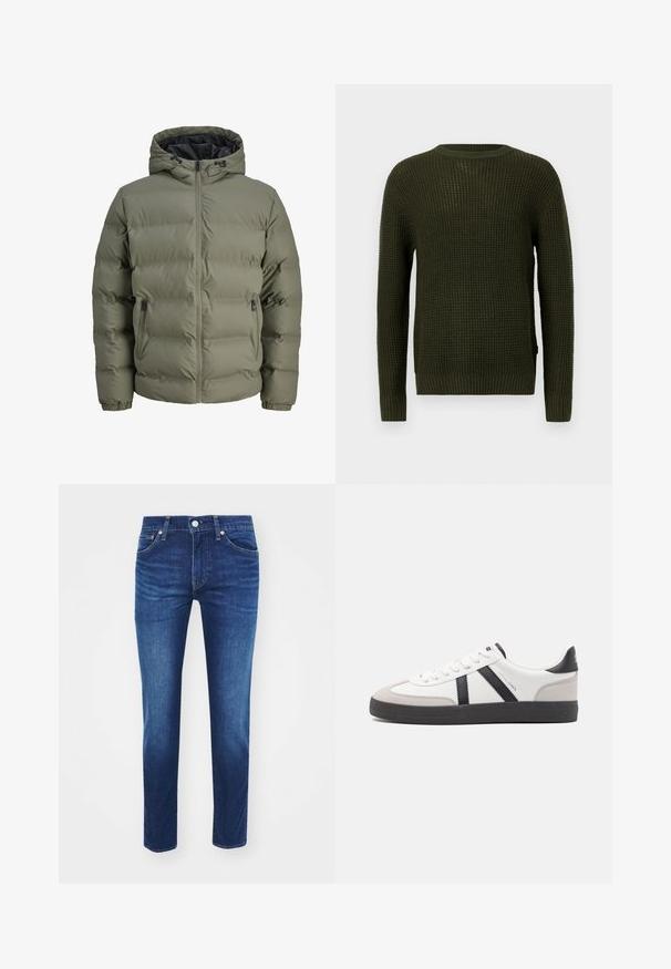 Olive roheline puffer-jakk kapuutsiga, lukuga ja kahe küljetaskuga. Omab tikandit ja elastseid varrukaotsi.; Oliivroheline kootud sviiter ümmarguse kaeluse, pikkade varrukate ja soonikdetailidega. Omab tekstureeritud mustrit ja lõdva istuvust.; Tumed sinine denimist teksapüksid otse lõikega, viie taskuga ja nööpkinni, kontrastsete õmbluste ja õrnade kulumisega.; Valged tossud mustade ja hallide aktsentidega, tekstureeritud halli varbakattega, musta kummitald ja lamedad valged paelad. Puhtad jooned, minimalistlik stiil.