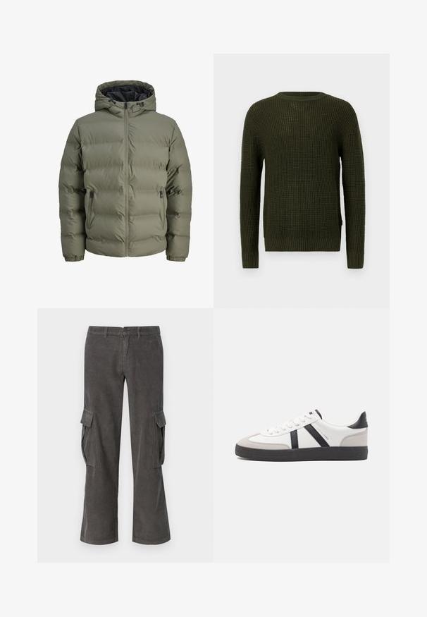 Alyvuogių žalios spalvos pūkinė striukė su kapuce, užtrauktuku ir dviem šoninėmis kišenėmis. Yra išklota tekstūra ir elastingi rankogaliai.; Olive žalios spalvos megztinis su apvaliu iškirpimu, ilgomis rankovėmis ir raštuotais rankogaliais. Pasižymi tekstūruotu raštu ir laisvu siluetu.; Pilkos velveidinės kargo kelnės su tiesiomis kojomis, šoninėmis kišenėmis ir subtilia bangų tekstūra. Mygtuko ir užtrauktuko uždarymas liemens srityje.; Balti sportbačiai su juodais ir pilkais akcentais, pasižymintys tekstūruotu pilku pirštų dangteliu, juoda gumine padais ir plokščiomis baltomis raišteliais. Švarus dizainas, minimalistinis stilius.