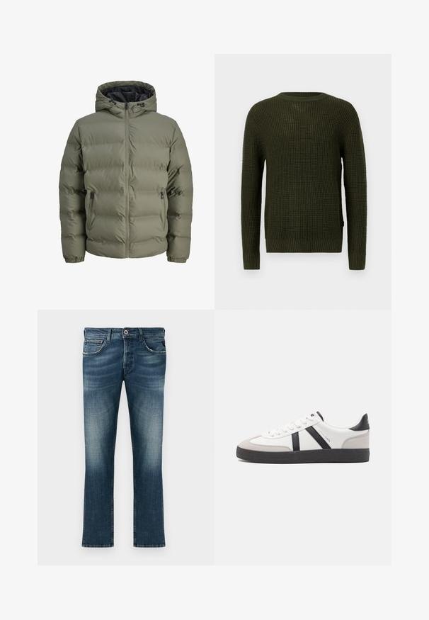 Olive roheline puffer-jakk kapuutsiga, lukuga ja kahe küljetaskuga. Omab tikandit ja elastseid varrukaotsi.; Oliivroheline kootud sviiter ümmarguse kaeluse, pikkade varrukate ja soonikdetailidega. Omab tekstureeritud mustrit ja lõdva istuvust.; Tumedates sinised teksad, millel on kulunud viimistlus. Omab klassikalist viit taskut, sirget lõike ja punast detailnuppu.; Valged tossud mustade ja hallide aktsentidega, tekstureeritud halli varbakattega, musta kummitald ja lamedad valged paelad. Puhtad jooned, minimalistlik stiil.