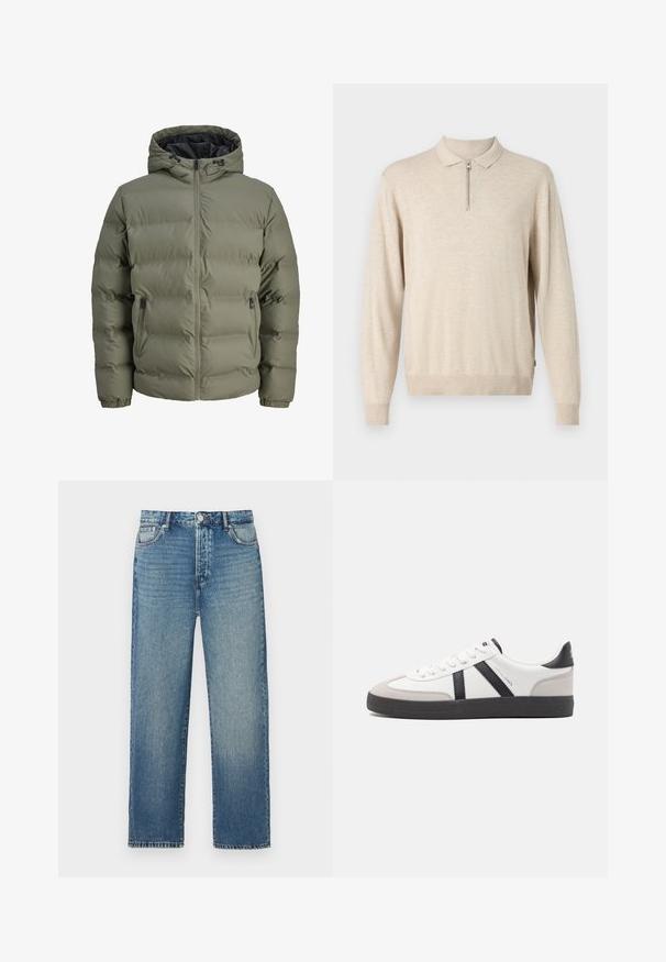 Doudoune verte olive avec capuche, fermeture éclair et deux poches latérales. Présente un texture matelassée et des poignets élastiques.; Pull-over beige à manches longues avec un col et une fermeture éclair. Fabriqué en matériau doux avec des poignets et un ourlet côtelés.; Jeans en denim bleu avec une coupe droite, dotés d'un design classique à cinq poches, de coutures visibles et d'un lavage décoloré.; Baskets blanches avec des accents noirs et gris, présentant un embout texturé gris, une semelle en caoutchouc noir et des lacets plats blancs. Design épuré, style minimaliste.