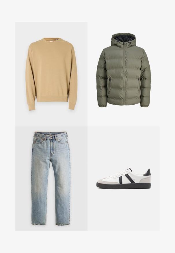 Olivne zeleni pufer jakna s kapuco, zadrgo in dvema stranskima žepoma. Ima kviltasto teksturo in elastične manšete.; Bež dukserica z dolgimi rokavi in okroglim izrezom. Narejena iz bombaža, z gladko teksturo ter rebrastimi manšetami in robom.; Svetlo modri džins hlače z visokim pasom, sprednjim gumbom, zadrgo in petimi žepi, laid flat na nevtralni podlagi.; Bela športna obutev z črnimi in sivo akcenti, z teksturirano sivo kapico za prste, črnim gumijastim podplatom in ravnimi belimi vezalkami. Čista zasnova, minimalistični slog.