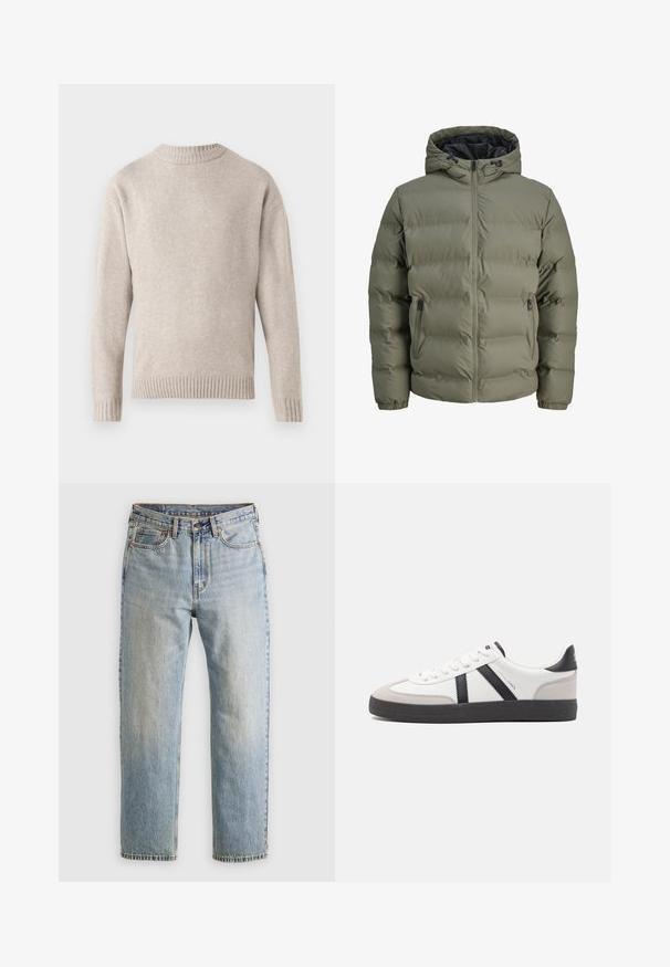 Giacca piumino verde oliva con cappuccio, chiusura con zip e due tasche laterali. Presenta una texture trapuntata e polsini elastici.; Maglione lavorato a maglia beige con scollatura rotonda, polsini e orlo a costine, e una texture morbida. Presenta una vestibilità rilassata e maniche lunghe.; Jeans in denim azzurro chiaro con vita alta, bottone anteriore, cerniera e design a cinque tasche, adagiati su uno sfondo neutro.; Sneaker bianco con accenti neri e grigi, dotata di una punta grigia testurizzata, suola in gomma nera e lacci bianchi piatti. Design pulito, stile minimalista.