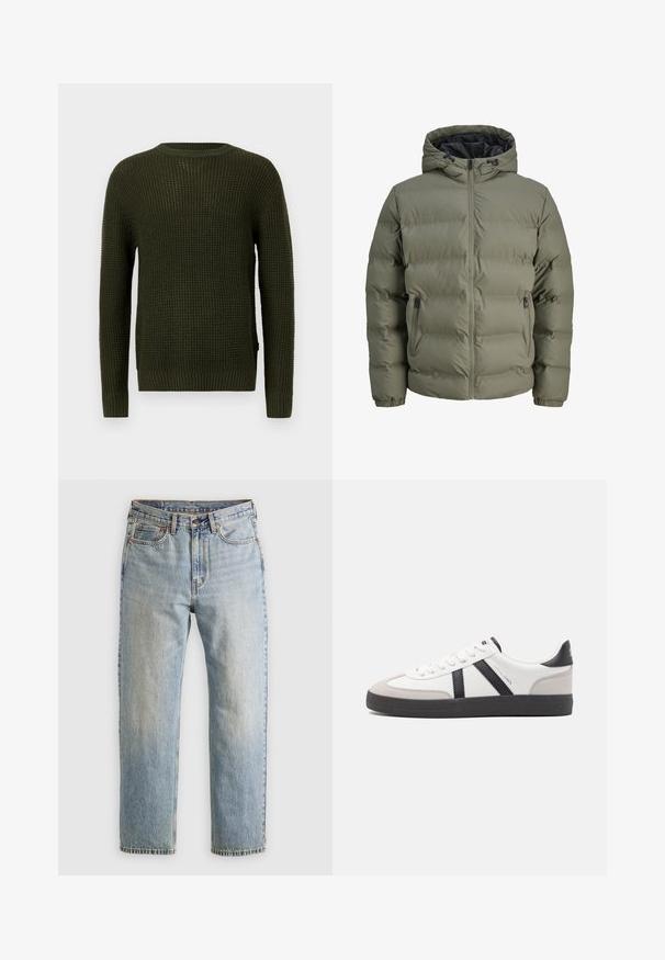 Olive green puffer jacket with a hood, zip closure, and two side pockets. Features quilted texture and elastic cuffs.; Olive green knitted sweater with a round neckline, long sleeves, and ribbed cuffs. Features a textured pattern and a relaxed fit.; Light blue denim jeans with high waist, front button, zipper, and five-pocket design, laid flat on a neutral background.; White sneaker with black and gray accents, featuring a textured gray toe cap, black rubber sole, and flat white laces. Clean design, minimalist style.