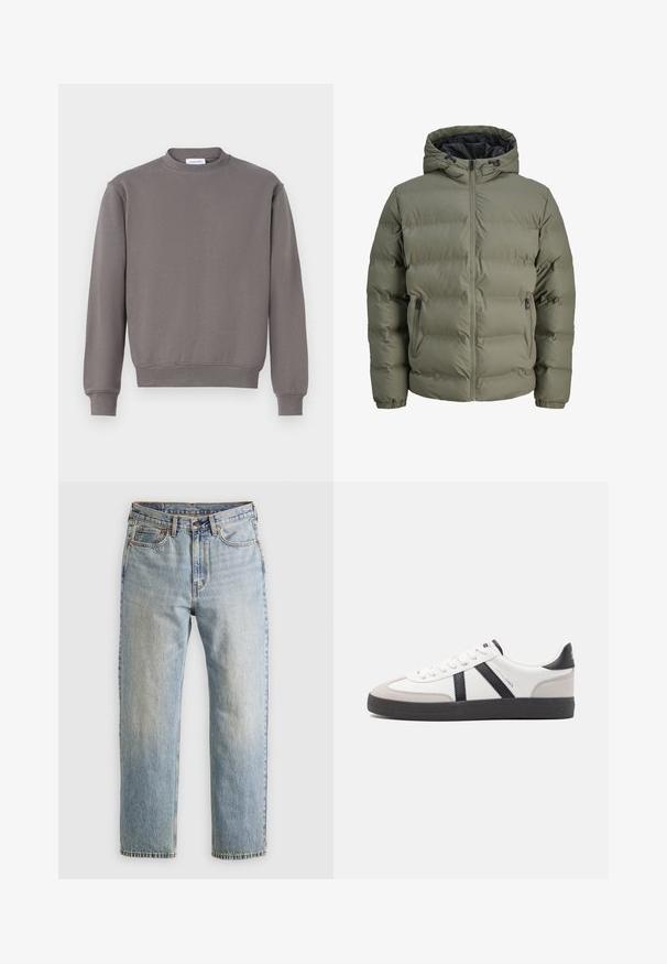 Olivgrüne Daunenjacke mit Kapuze, Reißverschluss und zwei Seitentaschen. Verfügt über gesteppten Stoff und elastische Bündchen.; Grauer Pullover mit rundem Ausschnitt, gerippten Bündchen und Saum. Hergestellt aus weichem Stoff, mit einer einfachen, glatten Textur und ohne Muster.; Helle blaue Jeans mit hoher Taille, Frontknopf, Reißverschluss und fünf Taschen-Design, flach auf einem neutralen Hintergrund ausgelegt.; Weiße Sneaker mit schwarz- und grau-aczenten, ausgestattet mit einer strukturierten grauen Zehenkappe, schwarzer Gummi-Sohle und flachen weißen Schnürsenkeln. Sauberes Design, minimalistische Stil.