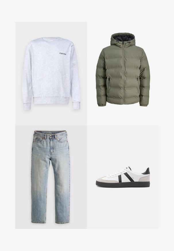 Giacca piumino verde oliva con cappuccio, chiusura con zip e due tasche laterali. Presenta una texture trapuntata e polsini elastici.; Felpa grigia in cotone misto, design a girocollo, con una piccola scritta nera "Club1990" sulla parte sinistra del petto.; Jeans in denim azzurro chiaro con vita alta, bottone anteriore, cerniera e design a cinque tasche, adagiati su uno sfondo neutro.; Sneaker bianco con accenti neri e grigi, dotata di una punta grigia testurizzata, suola in gomma nera e lacci bianchi piatti. Design pulito, stile minimalista.