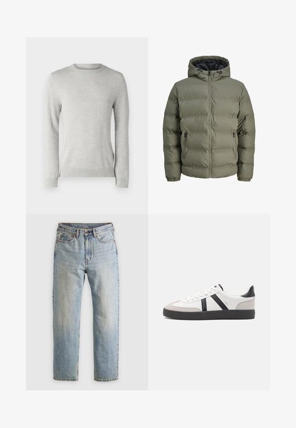 Olive green puffer jacket with a hood, zip closure, and two side pockets. Features quilted texture and elastic cuffs.; Light grey knit sweater with a round neckline, long sleeves, textured pattern, and ribbed cuffs and hem. Soft, breathable fabric.; Light blue denim jeans with high waist, front button, zipper, and five-pocket design, laid flat on a neutral background.; White sneaker with black and gray accents, featuring a textured gray toe cap, black rubber sole, and flat white laces. Clean design, minimalist style.