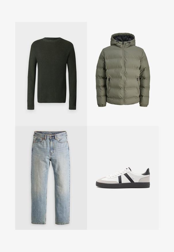 Olīvzaļa pūkainā jaka ar kapuci, ar rāvējslēdzēju un divām sānu kabatām. Satur kvadrātu rakstu un elastīgas aproces.; Tumši zaļš ribots garu piedurkņu kreklis ar apaļo kaklu, ar nedaudz strukturētu adījuma rakstu uz gaiša fona.; Gai zila denima bikses ar augstu jostasvietu, priekšējo pogu, rāvējslēdzēju un piecu kabatu dizainu, izlīdzinātas uz neitrāla fona.; Baltas sneakeris ar melniem un pelēkiem akcentiem, kuram ir teksturēts pelēks purngals, melna gumijas zole un plakanas baltas šņores. Tīrs dizains, minimālisma stils.