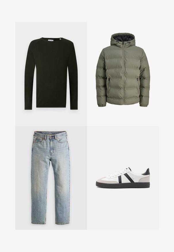 Oliegroene pufferjack met capuchon, ritssluiting en twee zijzakken. Heeft een gearceerde textuur en elastische manchetten.; Donkergroene lange mouwen gebreide shirt met een ronde hals, voorzien van een textuurstof en aansluitende manchetten. Label zichtbaar bij de hals.; Lichtblauwe denim jeans met hoge taille, frontknop, rits en vijfzakkenontwerp, plat gelegd op een neutrale achtergrond.; Witte sneaker met zwarte en grijze accenten, voorzien van een grijze neus met textuur, zwarte rubberen zool en platte witte veters. Schoon ontwerp, minimalistische stijl.