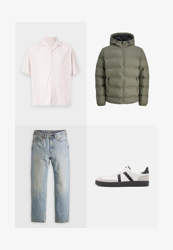 Oliivivihreä puffatakki hupun kanssa, vetoketjukiinnitys ja kaksi sivutaskua. Sisältää tilkkutekstuurin ja joustavat hihansuut.; Lyhythihaisen napillisen paidan vaaleanbeige pellava, jossa on klassinen kaulus, hienovarainen rakenne ja etunapitus.; Vaaleansininen farkut, joissa on korkea vyötärö, etunappi, vetoketju ja viisi taskua, asetettu tasaisesti neutraalille taustalle.; Valkoiset lenkkarit mustilla ja harmailla yksityiskohdilla, joissa on teksturoitu harmaa kärki, musta kumipohja ja litteät valkoiset nauhat. Siisti muotoilu, minimalistinen tyyli.