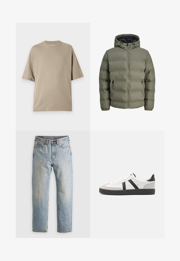 Olivgrüne Daunenjacke mit Kapuze, Reißverschluss und zwei Seitentaschen. Verfügt über gesteppten Stoff und elastische Bündchen.; Beige T-Shirt mit kurzen Ärmeln, aus weicher Baumwolle, mit Rundhalsausschnitt und lockerer Passform, glatter Textur und minimaler Gestaltung.; Helle blaue Jeans mit hoher Taille, Frontknopf, Reißverschluss und fünf Taschen-Design, flach auf einem neutralen Hintergrund ausgelegt.; Weiße Sneaker mit schwarz- und grau-aczenten, ausgestattet mit einer strukturierten grauen Zehenkappe, schwarzer Gummi-Sohle und flachen weißen Schnürsenkeln. Sauberes Design, minimalistische Stil.