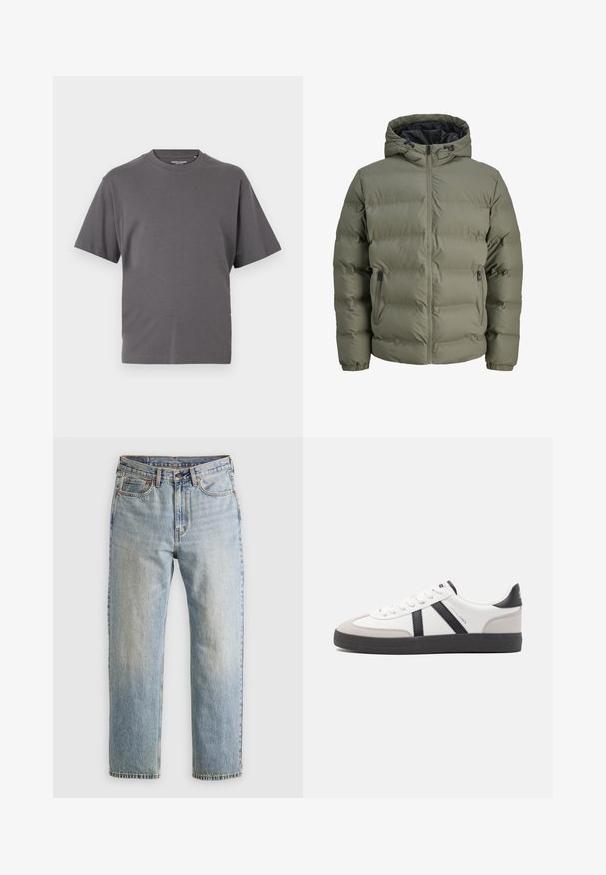 Giacca piumino verde oliva con cappuccio, chiusura con zip e due tasche laterali. Presenta una texture trapuntata e polsini elastici.; T-shirt grigia a maniche corte realizzata in un morbido mix di cotone, con colletto tondo e design semplice senza motivi o dettagli.; Jeans in denim azzurro chiaro con vita alta, bottone anteriore, cerniera e design a cinque tasche, adagiati su uno sfondo neutro.; Sneaker bianco con accenti neri e grigi, dotata di una punta grigia testurizzata, suola in gomma nera e lacci bianchi piatti. Design pulito, stile minimalista.