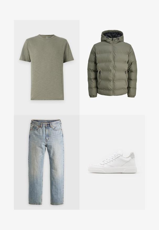 Oliivivihreä puffatakki hupun kanssa, vetoketjukiinnitys ja kaksi sivutaskua. Sisältää tilkkutekstuurin ja joustavat hihansuut.; Oliivivihreä puuvillapaita pyöreällä pääntiellä, lyhyillä hihoilla ja pehmeällä, sileällä pinnalla. Yksinkertainen muotoilu ilman kuvioita tai koristeita.; Vaaleansininen farkut, joissa on korkea vyötärö, etunappi, vetoketju ja viisi taskua, asetettu tasaisesti neutraalille taustalle.; Valkoiset nahkakengät, joissa on sileä pinta, pyöreä kärki, litteät nauhat ja teksturoitu pohja. Harmaa mokkanahka korostaa kantapäätä.