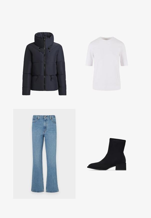 khujo FLAIRE - Winterjacke - dunkelblau; Weißes T-Shirt mit kurzen Ärmeln aus glattem Baumwollstoff. Es hat einen runden Halsausschnitt und einen geraden Schnitt, ohne Muster oder Verzierungen.; Hellblaue Jeans mit weitem Bein und hoher Taille, ausgestattet mit fünf Taschen, Gürtelschlaufen und einem ausgewaschenen Finish.; Schwarze Knöchelstiefel aus glattem Stoff, mit einer spitzen Zehe und einem klobigen Absatz. Nahtdetails verleihen dem Design eine subtile Textur.