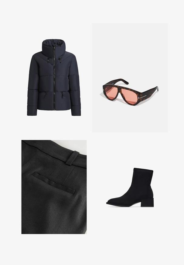 khujo FLAIRE - Winter jacket - dunkelblau; White short-sleeve T-shirt made of smooth cotton. Features a round neckline and a straight cut, with no patterns or embellishments.; Next RICH TAILORED JORT - Shorts - black; Black ankle boots made of smooth fabric, with a pointed toe and a chunky heel. Seam detailing adds subtle texture to the design.; Tortoiseshell sunglasses with pink lenses, featuring a bold angular design and thin silver hardware accents on the frames.