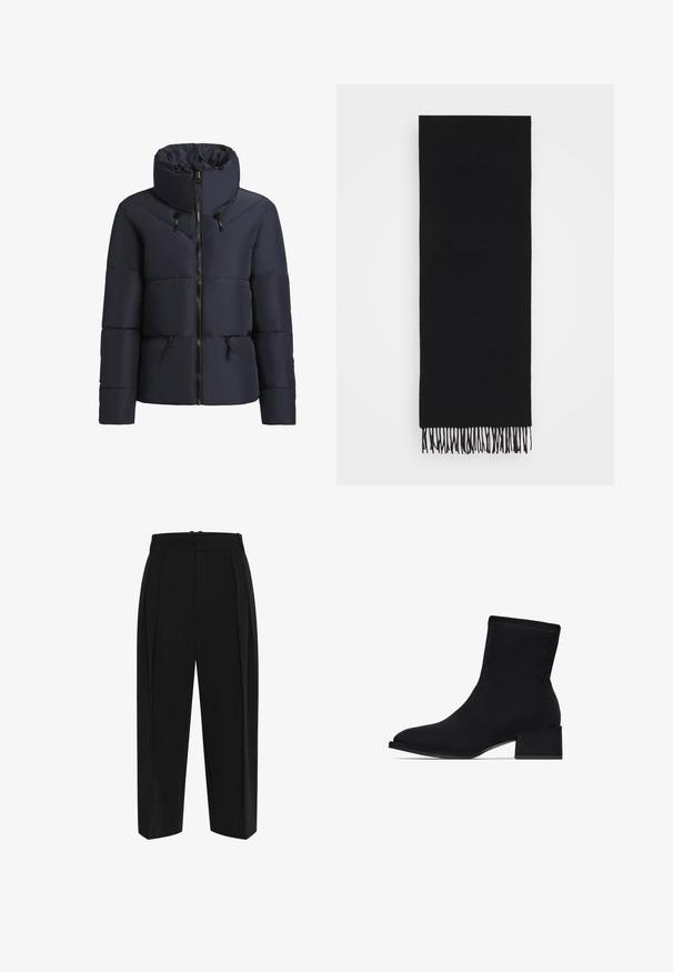 khujo FLAIRE - Winterjacke - dunkelblau; Weißes T-Shirt mit kurzen Ärmeln aus glattem Baumwollstoff. Es hat einen runden Halsausschnitt und einen geraden Schnitt, ohne Muster oder Verzierungen.; Schwarze Hosen mit hohem Bund, gefalteter Vorderseite und geradem Bein. Hergestellt aus glattem Stoff mit sauberem Finish und ohne sichtbare Beschläge.; Schwarze Knöchelstiefel aus glattem Stoff, mit einer spitzen Zehe und einem klobigen Absatz. Nahtdetails verleihen dem Design eine subtile Textur.; Schwarzer Schal aus weichem Stoff, rechteckige Form mit fransigen Kanten, glatte Textur und ohne sichtbare Muster oder Beschläge.