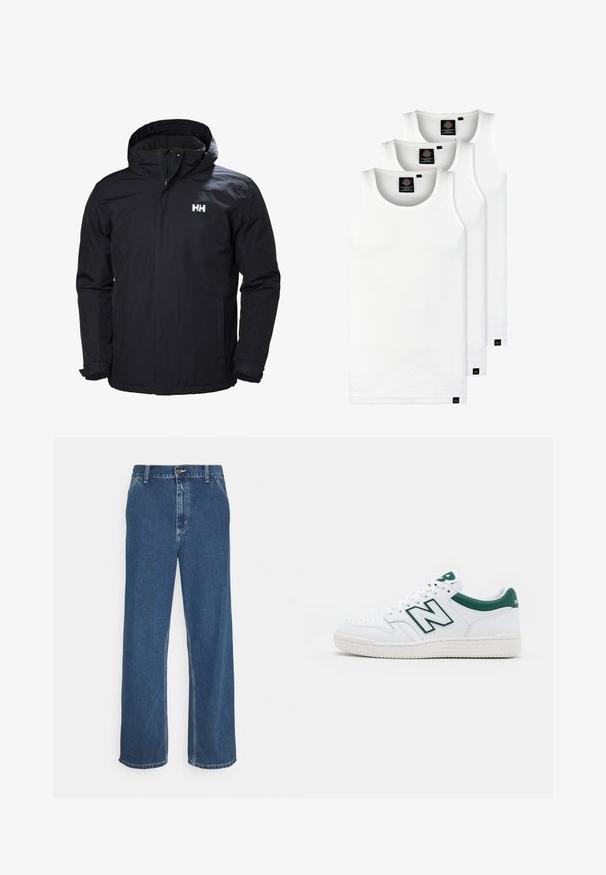 Chaqueta impermeable negra con capucha, cremallera frontal y dos bolsillos laterales. Presenta un logo en el lado izquierdo del pecho y puños elásticos.; Tres camisetas sin mangas de algodón de color blanco con canalé. Cuentan con cuello redondo y pequeñas etiquetas negras cerca del dobladillo. Disponibles en múltiples tamaños.; Vaqueros de mezclilla azul con corte recto, diseño de cinco bolsillos, cierre de botón metálico y costuras visibles a lo largo de las costuras y el dobladillo.; Zapatilla blanca con acentos verdes, parte superior de cuero, puntera perforada, cierre de cordones y suela de goma texturizada. Presenta un destacado logo "N".