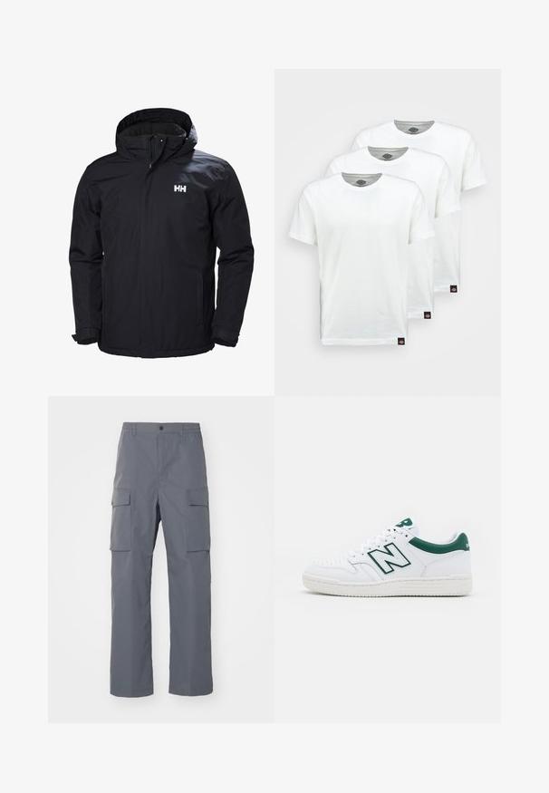 Schwarze wasserdichte Jacke mit Kapuze, Frontreißverschluss und zwei Seitentaschen. Mit einem Logo auf der linken Brust und elastischen Bündchen.; Drei schlichte weiße Baumwoll-T-Shirts mit kurzen Ärmeln. Jedes Shirt hat einen runden Ausschnitt und ein kleines schwarzes Logotipo auf der linken Seite.; Grau Cargo-Hosen aus strapazierfähigem Stoff. Zu den Merkmalen gehören ein elastischer Bund, zwei große Seitentaschen und ein gerader Schnitt.; Weißer Sneaker mit grünen Akzenten, Obermaterial aus Leder, gelochte Zehenpartie, Schnürverschluss und strukturierte Gummiaußensohle. Verfügt über ein auffälliges "N"-Logo.