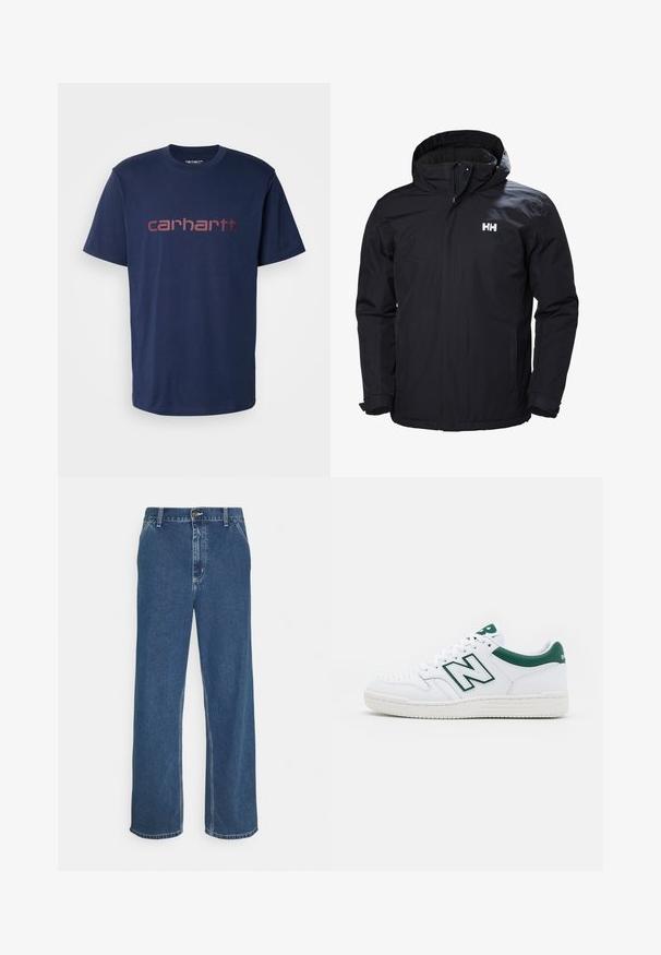 Jachetă neagră impermeabilă cu glugă, fermoar frontal și două buzunare laterale. Prezintă un logo pe pieptul stâng și manșete elastice.; Carhartt WIP SCRIPT - Tricou cu imprimeu - air force blue/malbec; Jeans din denim albastru cu o croială dreaptă, design cu cinci buzunare, sistem de închidere cu nasture metalic și cusături vizibile de-a lungul cusăturilor și a tivului.; Adidași albi cu accente verzi, superior din piele, vârf perforat, închidere cu șireturi și talpă din cauciuc texturat. Prezintă un logo proeminent "N".