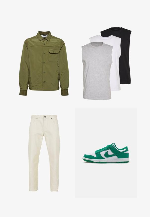 Olive rohelise jope, mis on valmistatud siledast ja kergest materjalist, varustatud nööpidega esiküljel, terava krae ja ühe rinnataskuga.; Kolm ilma varrukat särk hallis, valges ja mustas värvios. Pehme puuvillane materjal, ümar kaelus ja mugav lõige. Lihtne disain, ilma mustriteta.; Beežid puuvillased püksid, millel on sile tekstuur, sirge lõige, viie tasku disain ja metallne nööp sulgemiseks vööl.; Roheline ja valge Nike Dunk jooksujalanõud, millel on sile nahkpealne, perforeeritud varvas, rohelised paelad ja kummist tald, millel on tekstuuriga muster.