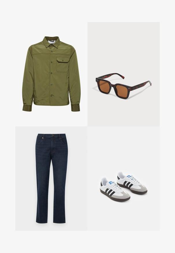 Chaqueta verde olivo hecha de un material liso y ligero, con cierre de botones en la parte delantera, cuello puntiagudo y un bolsillo en el pecho.; Tres camisetas sin mangas en gris, blanco y negro. Material de algodón suave con cuello redondo y corte relajado. Diseño simple, sin patrones.; Los vaqueros de mezclilla azul oscuro de pierna recta presentan un diseño clásico con cinco bolsillos, cierre de botón metálico y detalles de costura minimalistas.; Zapatillas deportivas con parte superior de piel blanca, puntera de ante gris y tres rayas negras. Presentan un logo azul en la lengüeta y una suela de goma texturizada.; Gafas de sol carey con un marco cuadrado grueso, lentes marrones y sutiles acentos plateados en las patillas. Textura de plástico suave.
