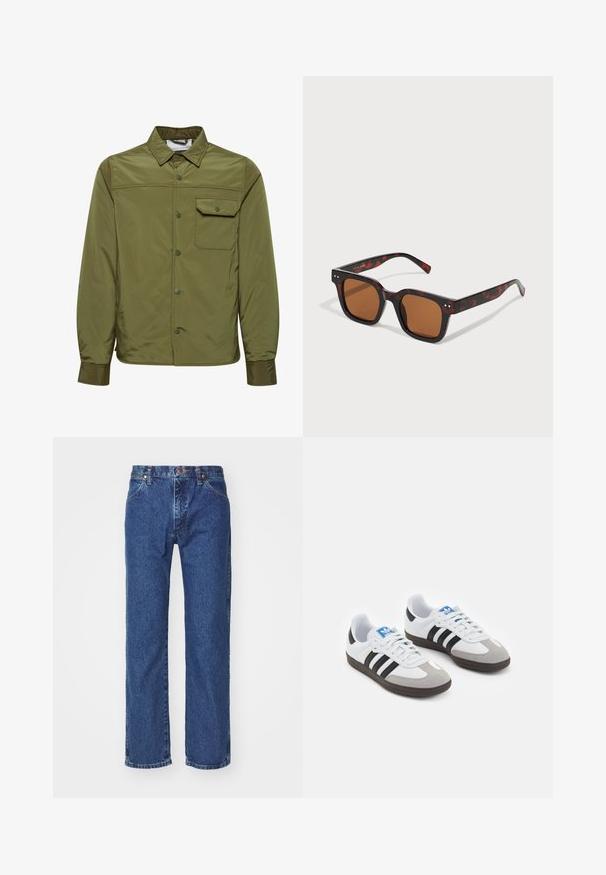 Chaqueta verde olivo hecha de un material liso y ligero, con cierre de botones en la parte delantera, cuello puntiagudo y un bolsillo en el pecho.; Tres camisetas sin mangas en gris, blanco y negro. Material de algodón suave con cuello redondo y corte relajado. Diseño simple, sin patrones.; Jeans de denim azul de pierna recta con botón frontal, cremallera, lazos para cinturón y diseño de cinco bolsillos sobre un fondo blanco liso.; Zapatillas deportivas con parte superior de piel blanca, puntera de ante gris y tres rayas negras. Presentan un logo azul en la lengüeta y una suela de goma texturizada.; Gafas de sol carey con un marco cuadrado grueso, lentes marrones y sutiles acentos plateados en las patillas. Textura de plástico suave.