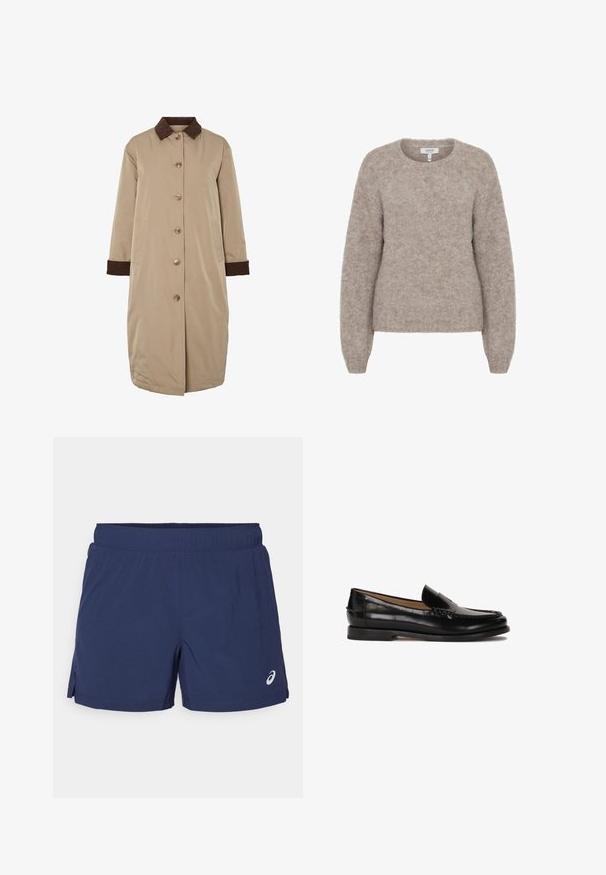 Beež mantel pruunist koliist krae, esi nööbid, pikad varrukad ja küljetaskud. Sile kangas, põlvikõrgune disain.; b.young BYMILLER - Džemper - humus melange; Valge puuvillane t-särk lühikeste varrukatega ja ümara kaelusega. Sisemaal on roosa silt. Sile tekstuur.; Tumesinine spordilühikesed püksid, mis on valmistatud kergest kangast, omavad elastset vöökoht ja küljeventske liikuvuse tagamiseks. Logoga esiküljel.; Must siin mustad nahast loaferid ümarate varvastega, libisemisega mudel ja peened õmblused peal. Lame kummist tall.