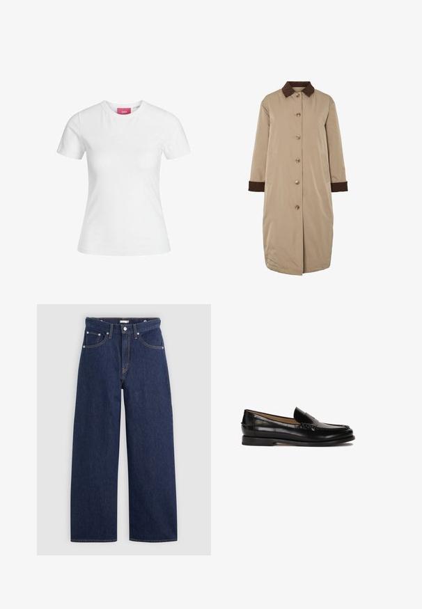 Beige frakke med krave i brun cordfløjl, frontlukning med knapper, lange ærmer og sidelommer. Glat materiale med et knælangt design.; b.young BYMILLER - Striktrøje - humus melange; Hvid bomulds t-shirt med korte ærmer og rund halsudskæring. Har et pink mærke på den indvendige hals. Glat tekstur.; Mørkeblå denim brede ben jeans med høj talje, der har fem lommer, bæltestropper og detaljer med kobber stikninger. Glat tekstur.; Sorte læder loafers med en rund tå, slidserdesign og subtile syninger langs overdelen. Flad gummisål.