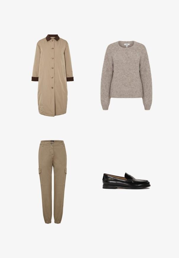 Palton bej cu guler din corduroy maro, închidere cu nasturi pe față, mâneci lungi și buzunare laterale. Tela netedă cu un design până la genunchi.; b.young BYMILLER - Pulover - humus melange; Pantaloni cargo bej cu croială dreaptă și tiv elastic, prevăzuți cu buzunare laterale și talie cu nasture. Fabricat dintr-un material moale și texturat.; Loafer din piele neagră, cu vârf rotunjit, design slip-on și detalii subtile de cusătură pe partea superioară. Talpă din cauciuc plat.