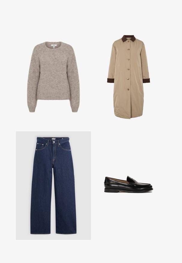 Abrigo beige con cuello de pana marrón, cierre frontal de botones, mangas largas y bolsillos laterales. Tejido suave con un diseño de largo hasta la rodilla.; b.young BYMILLER - Jersey de punto - humus melange; Camiseta blanca de algodón con mangas cortas y cuello redondo. Cuenta con una etiqueta rosa en el interior del cuello. Textura suave.; Jeans de mezclilla de tiro alto en azul oscuro con perneras anchas, que cuentan con cinco bolsillos, lazos para cinturón y detalles de costura en color cobre. Textura suave.; Mocasín de cuero negro con puntera redondeada, diseño deslizante y detalles de costura sutiles a lo largo de la parte superior. Suela de goma plana.