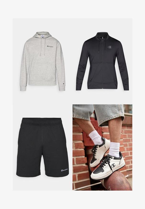 Musta urheilullinen vetoketjullinen takki korkealla kauluksella, kiristettävällä hupulla ja sivutaskuilla. Pehmeä kangas, jossa on hienovarainen kiilto ja logoyksityiskohta.; Huppari, jossa on harmaa väri, naru, kengurupocket ja brodeerattu logo rinnassa. Puuvillasekoitekangas, jossa on ribbaus hihansuissa ja helmassa.; Mustat urheilushortsit, joissa on joustava vyötärönauha, pehmeästä kankaasta valmistettu, vasemmassa alareunassa pieni valkoinen logo.; Valkeat ja mustat urheilukengät, joissa on sileä nahkapinta, musta kumipohja ja näkyvä logo sivulla, yhdistettynä valkoisiin sukkiin.