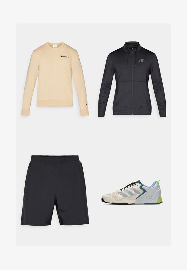 Schwarze sportliche Zip-Jacke mit hohem Kragen, Kordelzugkapuze und seitlichen Taschen. Glattes Material mit einem dezenten Glanz und Logo-Detail.; Beige Baumwollpullover mit langen Ärmeln, rundem Halsausschnitt, gerippten Bündchen und einem kleinen gestickten Logo auf der linken Brust.; Schwarze sportliche Shorts mit elastischem Bund und seitlichen Taschen, entworfen für Komfort und aktive Freizeitgestaltung.; Leichte Sportschuhe mit einem cremefarbenen Mesh-Obermaterial, grauen Streifen, einer grünen Akzentfarbe und einer strukturierten blauen Fersenkappe. Schwarze Schnürsenkel.