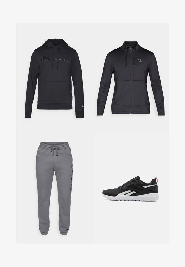 jaqueta desportiva preta com fecho zip, gola alta, capuz ajustável e bolsos laterais. Tecido liso com um brilho subtil e detalhe do logótipo.; Moletom preto feito de tecido macio, com bolso frontal tipo pouch, capuz com cordão e logótipo "Champion" em bordado escuro ao longo do peito.; Champion ICONS ELASTIC-CUFF SLIM FIT - Calças de fato de treino - foggy; Roupas de atletismo pretas com um acabamento em rede, detalhes em branco, sola texturizada e uma aba no calcanhar vermelha para um toque adicional.
