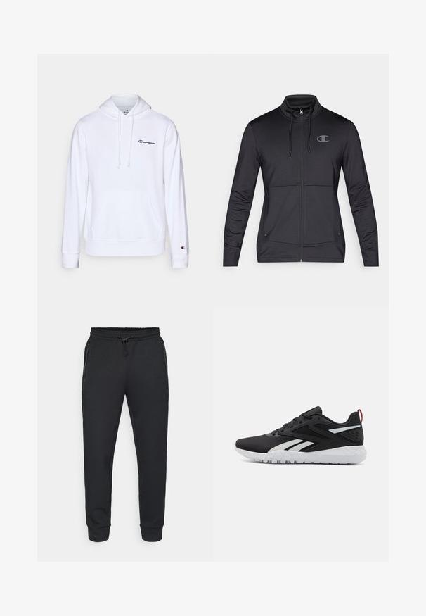 Mustade sportlikud tõmblukuga jakk kõrge kraega, kapuutsiga, millel on reguleeritav nööp ja külgmised taskud. Sile kangas, millel on kerge sära ja logo detail.; Valge kapuutsiga pusakar riie, mis on valmistatud pehmest puuvillast, esiküljel on tasku, sisseehitatud nöör ja must tikandlogoga rinnal.; Mustad mustad jooksupüksid, millel on nööriga elastne vöökoht, külgmised vetsu taskud ja ribakudum. Valmistatud pehmest, tekstureeritud kangast.; Mustad mustat spordijalatsid, millel on sissetõmmatav pealis, valged detailid, tekstureeritud talla ja punane kandmisosa lisadetailideks.