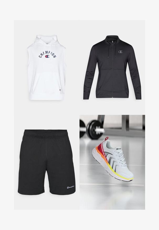 Giacca sportiva nera con zip e colletto alto, cappuccio con cordino e tasche laterali. Tessuto liscio con una leggera lucentezza e dettaglio del logo.; Felpa senza maniche bianca realizzata in tessuto morbido, con tasca frontale e logo "CHAMPION" in blu navy con accenti rossi. La felpa include i cordini.; Pantaloni sportivi neri con vita elastica, realizzati in un tessuto morbido, con un piccolo logo bianco sul lato sinistro in basso.; Scarpa sportiva bianca con parte superiore in mesh, accenti colorati in rosso, arancio e giallo, dotata di una suola testurizzata e dettagli neri.