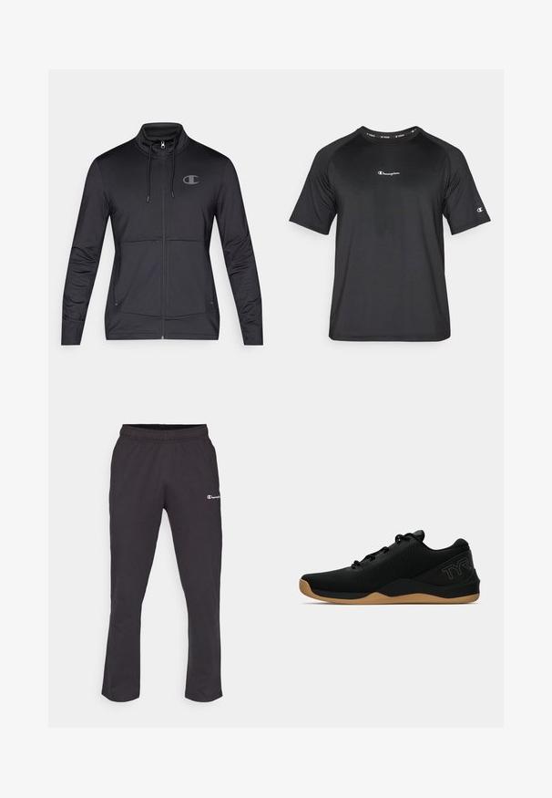 jaqueta desportiva preta com fecho zip, gola alta, capuz ajustável e bolsos laterais. Tecido liso com um brilho subtil e detalhe do logótipo.; Champion LIGHT STRETCH - T-shirt desportiva - black; Calças de fato pretas com um cinto elástico, apresentando um pequeno logótipo branco na coxa esquerda e um design de perna reta. Material em mistura de algodão suave.; Sapatilhas atléticas pretas com um cabedal de malha texturizada, design de atacadores e sola de borracha. Apresenta uma marcação discreta em azul no calcanhar.