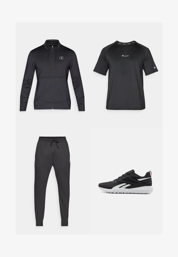 Black athletic zip-up jacket with high collar, drawstring hood, and side seam pockets. Smooth fabric with a subtle sheen and logo detail.; Champion LIGHT STRETCH - Sports T-shirt - black; Black jogger pants made of soft fabric, featuring a drawstring waist, tapered legs, and ribbed cuffs. Embroidered logo detail on side.; Black athletic shoes featuring a mesh upper, white accents, textured sole, and a red heel tab for added detail.