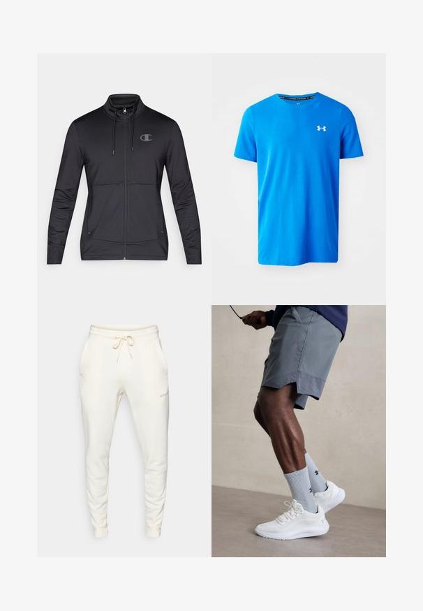 jaqueta desportiva preta com fecho zip, gola alta, capuz ajustável e bolsos laterais. Tecido liso com um brilho subtil e detalhe do logótipo.; T-shirt azul de mangas curtas, feito de tecido respirável, com um padrão texturizado subtil e um logo branco da Under Armour no peito.; Calças de fato brancas feitas de um tecido suave, com uma cintura elástica e cordão, bolsos laterais e punhos canelados.; Ténis desportivos brancos com parte superior em malha texturizada, acompanhados por meias caneleadas azul claro com um logótipo. Calções desportivos cinza com acabamento perfurado.