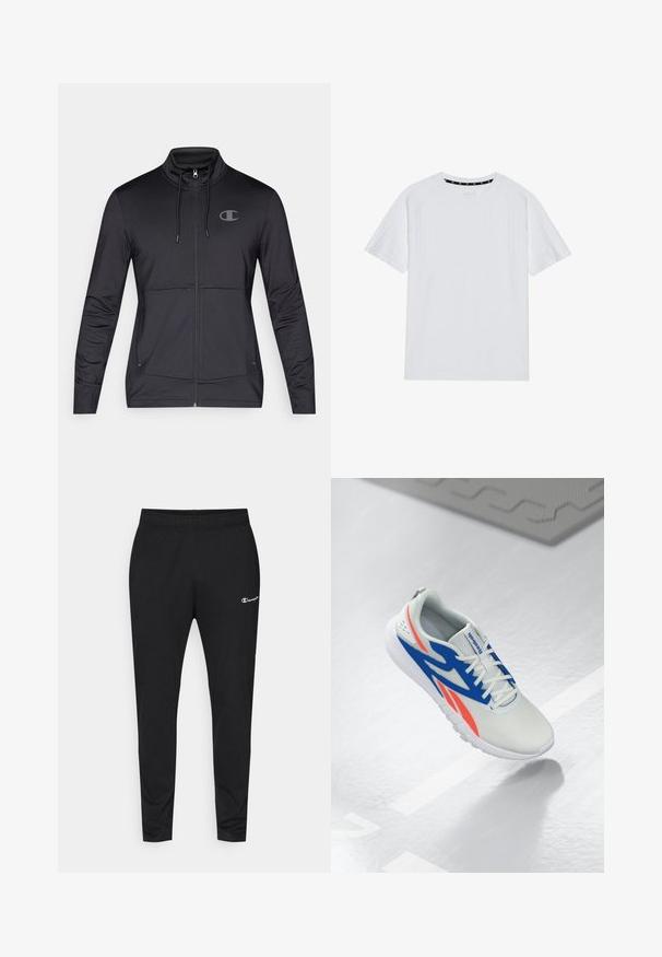Fekete sportos cipzáras dzseki magas gallérral, húzózsinóros kapucnival és oldalsó zsebekkel. Sima anyag, finom fénylés, logó részlettel.; Fehér, rövid ujjú póló bordás textúrával és kerek nyakkal. A gallér belsejében fekete címke található, egyszerű, minta nélküli dizájnnal.; Fekete sportnadrág, elasztikus derékbőséggel, beszűkülő lábszárral és egy kis fehér logóval a bal comb felső részén. Sima anyag.; Fehér sportcipő kék és piros részletekkel, megkötve, lebeg a világosszürke padló felett, a háttérben vonallal és szőnyeggel.