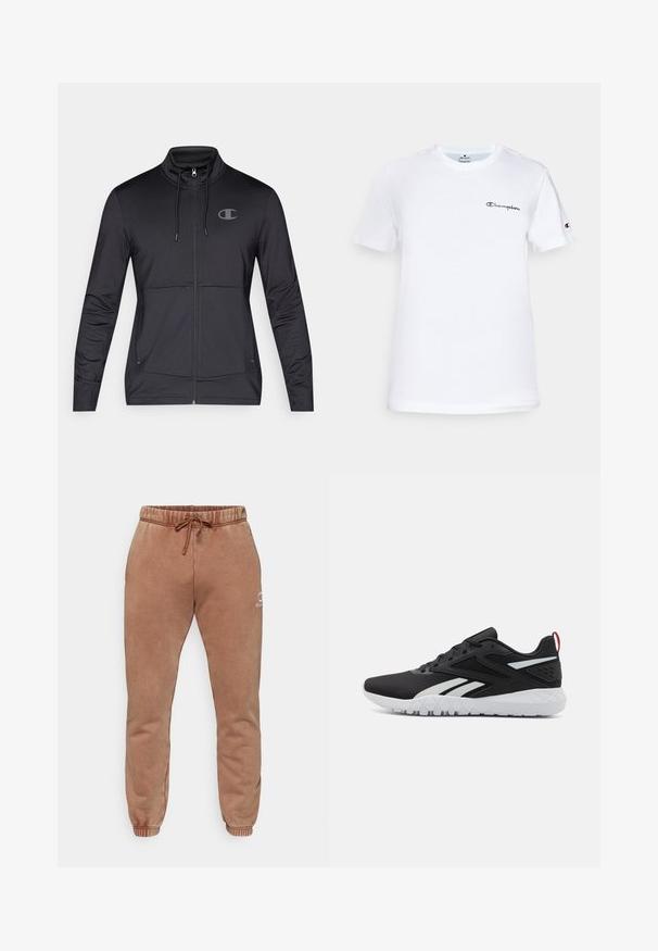 Jachetă sport neagră cu fermoar, guler înalt, glugă cu șnur și buzunare laterale. Material neted cu o strălucire subtilă și detalii cu logo.; Tricou alb din bumbac cu guler rotund, mâneci scurte și un logo "Champion" brodat în negru pe piept și pe accentul de pe mânecă.; Pantaloni de trening maro dintr-un material moale, cu talie elastică, șnur și manșete îngustate. Prezintă un logo mic în partea din față.; Pantofi sport negri cu un superior din plasă, accente albe, talpă texturată și un detaliu roșu la călcâi pentru un plus de stil.