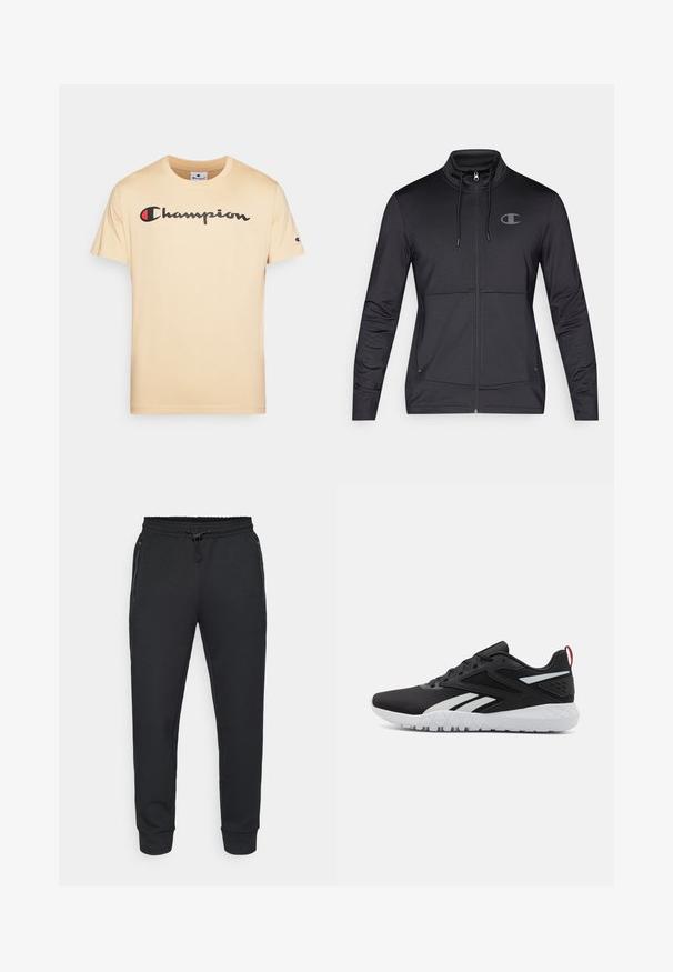 Black athletic zip-up jacket with high collar, drawstring hood, and side seam pockets. Smooth fabric with a subtle sheen and logo detail.; Beige cotton t-shirt with short sleeves, featuring "Champion" logo in black and red across the chest and a small logo on the sleeve.; Black athletic joggers with a drawstring elastic waistband, side zip pockets, and ribbed cuffs. Made from a soft, textured fabric.; Black athletic shoes featuring a mesh upper, white accents, textured sole, and a red heel tab for added detail.