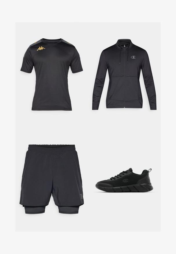 Crna sportska jakna na zip s visokim ovratnikom, kapuljačom sa vezicom i bočnim džepovima. Glatka tkanina s suptilnim sjajem i detaljem logotipa.; Crna sportska majica kratkih rukava, izrađena od glatkog, laganog materijala. Ima zlatni logo na prsima i sive naglašene detalje na ramenima.; Crne atletske kratke hlače s elastičnim pojasom, slojevitim dizajnom i uskim unutrašnjim podstavom. Sadrže diskretnu oznaku na donjoj strani.; Crne sportske tenisice s mrežastim gornjim dijelom, ojačanim prstom, teksturiranim međuslojem i stražnjim držačem za lakše obuvanje. Logo prikazan sa strane.