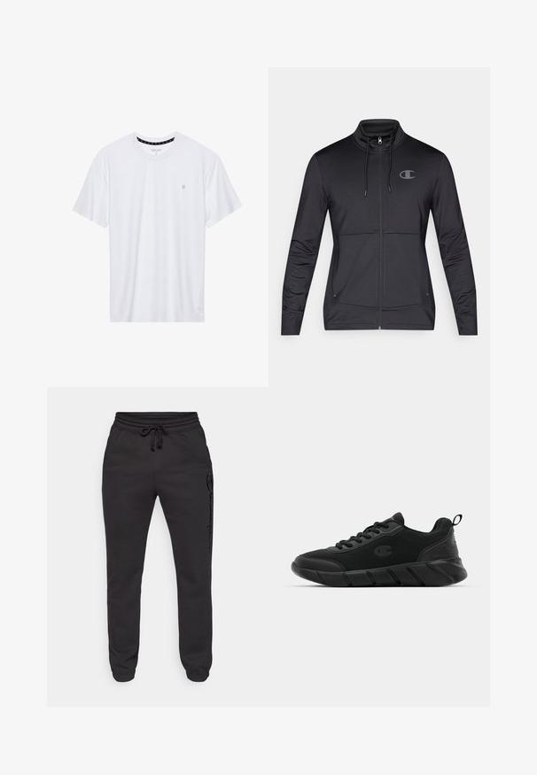 Melnas sporta jakas ar rāvējslēdzēju, augstu apkakli, kapuci ar auklām un sānu kabatām. Gluda auduma virsma ar vieglu spīdumu un logotipa detalizāciju.; Balts krekliņš ar apaļu kakla izgriezumu, izgatavots no kokvilnas, ar īsām piedurknēm un mazu logo izšuvumu kreisajā krūtīs. Mīksta tekstūra.; Champion ICONS ELASTIC-CUFF SLIM FIT - Treniņtērpa apakšdaļas - black; Melnas sporta kedas ar acs materiālu augšdaļā, pastiprinātu purngali, teksturētu vidusdaļu un aizmugurē nesamajamenu cilpu ērtai uzvilkšanai. Logo attēlots uz sānu.
