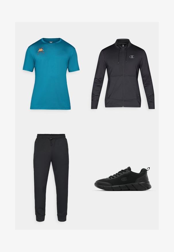 Black athletic zip-up jacket with high collar, drawstring hood, and side seam pockets. Smooth fabric with a subtle sheen and logo detail.; Turquoise short-sleeve T-shirt in smooth fabric with round neck. Features a small logo in orange and dark red on the chest.; Black athletic joggers with a drawstring elastic waistband, side zip pockets, and ribbed cuffs. Made from a soft, textured fabric.; Black athletic sneakers featuring a mesh upper, reinforced toe, textured midsole, and rear pull tab for easy wear. Logo displayed on side.