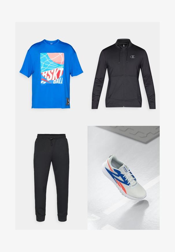 Svart sportslig zip-up jakke med høy krage, justerbar hette og sidelommer. Glatt stoff med en subtil glans og logo-detalj.; Blå kortermet T-skjorte laget av et glatt, pustende stoff som har et grafisk trykk av basketballrelaterte elementer og tekst.; Svart atletiske joggebukser med elastisk midje og snøring, sidelommer med glidelås og ribbede mansjetter. Laget av et mykt, strukturert stoff.; Hvit sportssko med blå og røde detaljer, snørt og svevende over et lyst grått gulv med en linje og matte i bakgrunnen.