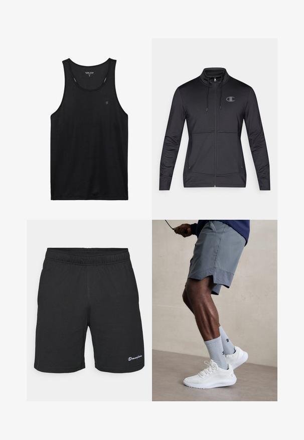 Juoda sportinė užtrauktuku lengva striukė su aukštu apykakle, reguliuojama gobtuvu ir šoninėmis kišenėmis. Sklandus audinys su subtiliu blizgesiu ir logotipo detale.; Juodas marškinėlis be rankovių su apvaliu iškirpimu. Pagamintas iš minkštos medžiagos, turi mažą logotipą kairėje krūtinės pusėje ir tvarkingą siuvimą.; Juodi sportiniai šortai su elastingu juosmeniu, pagaminti iš minkštos medžiagos, su mažuoju baltu logotipu kairėje apatinėje pusėje.; Balti sportiniai bateliai su tekstūruotu tinkleliu viršuje, derinami su šviesiai mėlynomis ribotomis kojinėmis su logotipu. Pilki sportiniai šortai su perforuota apdaila.