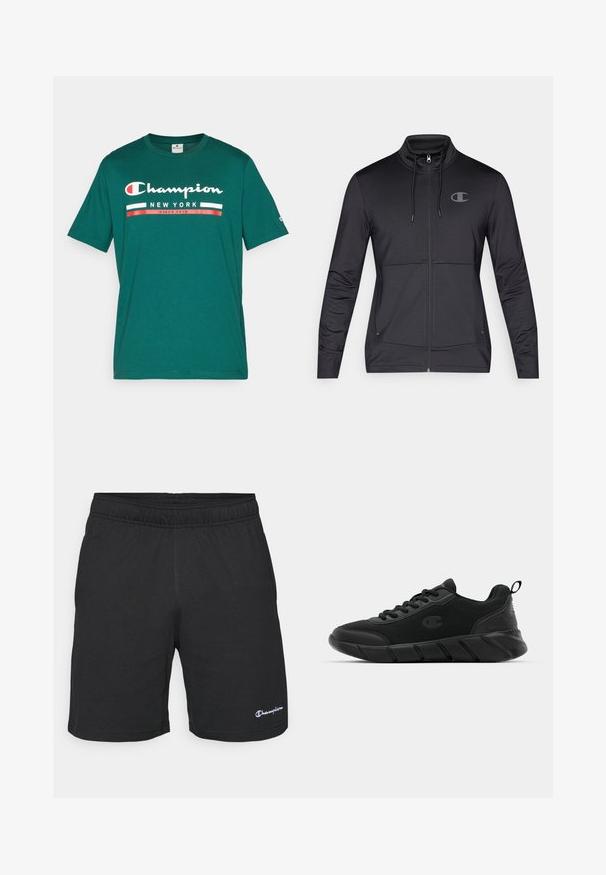 Chaqueta deportiva negra con cremallera, cuello alto, capucha con cordón y bolsillos laterales. Tejido suave con un sutil brillo y detalle de logo.; Camiseta de algodón color verde azulado con mangas cortas, que presenta el logo "Champion" y "NEW YORK desde 1919" en texto blanco y rojo en la parte delantera.; Pantalones cortos deportivos negros con una cinturilla elástica, hechos de una tela suave, que presentan un pequeño logotipo blanco en la parte inferior izquierda.; Zapatillas deportivas negras con parte superior de malla, puntera reforzada, entresuela texturizada y una pestaña trasera para facilitar el calzado. Logo exhibido en el lateral.