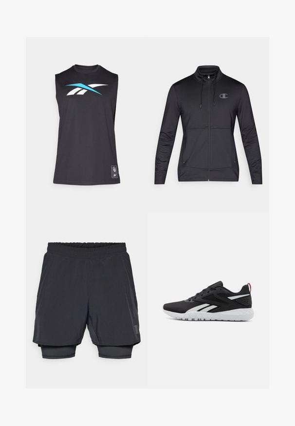 Jachetă sport neagră cu fermoar, guler înalt, glugă cu șnur și buzunare laterale. Material neted cu o strălucire subtilă și detalii cu logo.; Tricou de sport negru fără mâneci, fabricat dintr-un material neted, având un design cu logo albastru și alb pe față și o etichetă mică pe marginea inferioară.; Pantaloni scurți atletici negri, cu talie elastică, design în straturi și căptușeală interioară ajustată. Prezintă un logo subtil pe partea inferioară.; Pantofi sport negri cu un superior din plasă, accente albe, talpă texturată și un detaliu roșu la călcâi pentru un plus de stil.