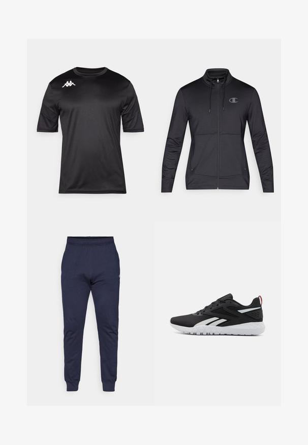 jaqueta desportiva preta com fecho zip, gola alta, capuz ajustável e bolsos laterais. Tecido liso com um brilho subtil e detalhe do logótipo.; T-shirt atlético de manga curta preta, feita de um tecido suave, com um logo branco na parte superior esquerda do peito e um design de gola redonda.; Calças de treino azul-marinho feitas de um suave tecido misto de algodão, com um cós elástico, punhos canelados e um pequeno logo na parte superior da coxa esquerda.; Roupas de atletismo pretas com um acabamento em rede, detalhes em branco, sola texturizada e uma aba no calcanhar vermelha para um toque adicional.