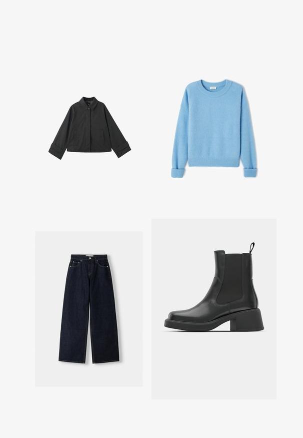 Černá zkrácená bunda s límečkem, zapínáním na knoflíky, dvěma předními kapsami a širokými manžetami na dlouhých rukávech.; Světle modrý svetr vyrobený z měkké, kartáčované tkaniny. Má žebrované manžety a lem, a kulatý výstřih. Uvolněný střih s kleslými rameny.; Tmavě modré džíny s širokými nohavicemi a vysokým pasem, pěti kapsami, kontrastním šitím a stříbrnými kovovými detaily. Hladká struktura a čisté provedení.; Černé kožené kotníkové boty s elastickými bočními panely, kulatou špičkou a silným blokovým podpatkem. Hladká textura s minimalistickým designem.